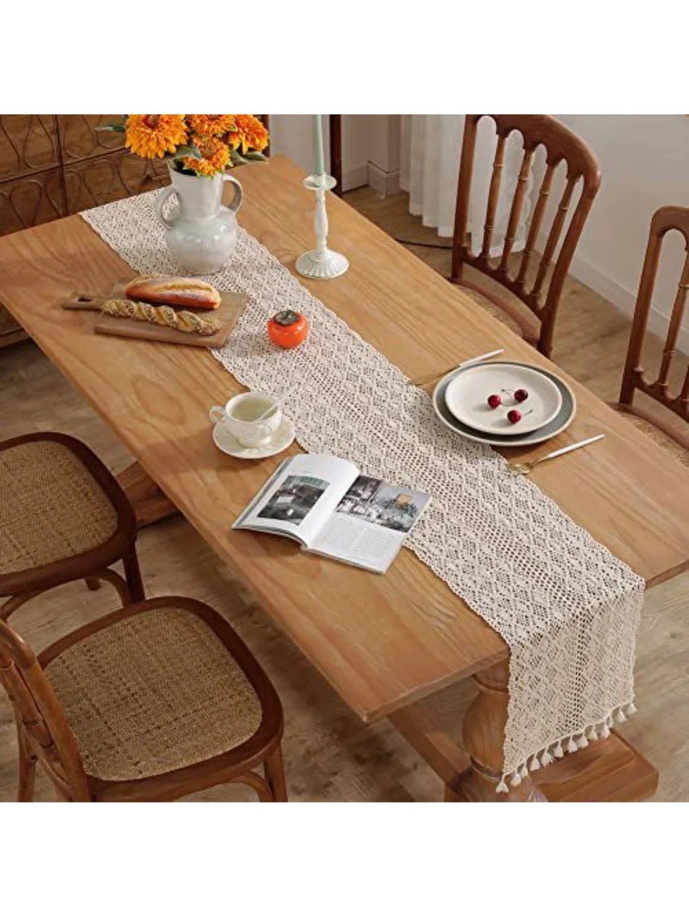 Neutral Crochet Tassel Table Runner - Home Dining